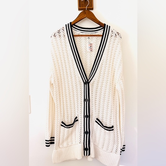 Lou & Grey Tipped Crochet  V-Neck Pocket Cardigan L Nautical Preppy Cotton - Picture 3 of 11
